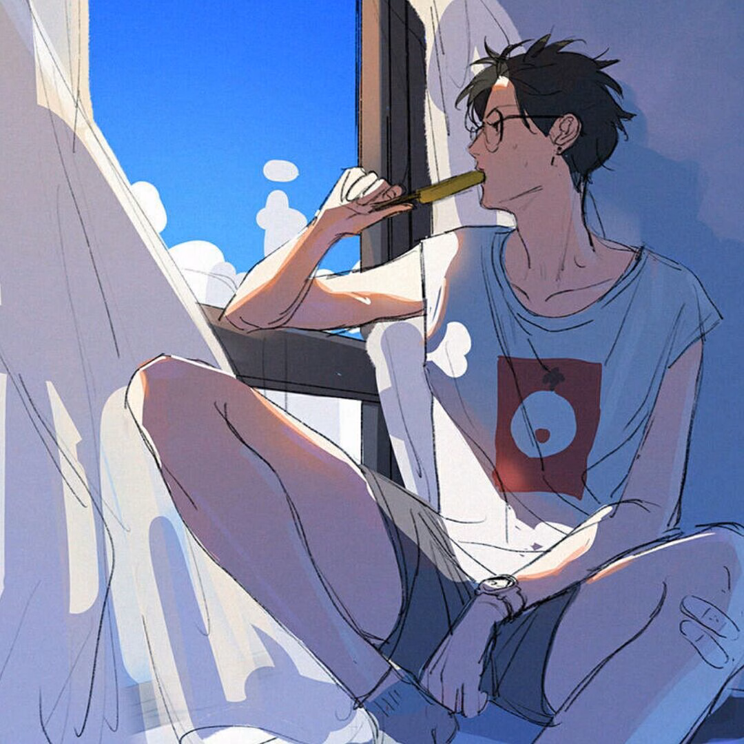 A young man with glasses is sitting on a window sill, holding a banana in his mouth and looking out the window.  (Captioned by AI)