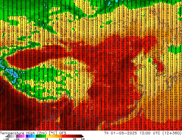 Temperature High (2m) GFS Th 01.05.2025 12 UTC