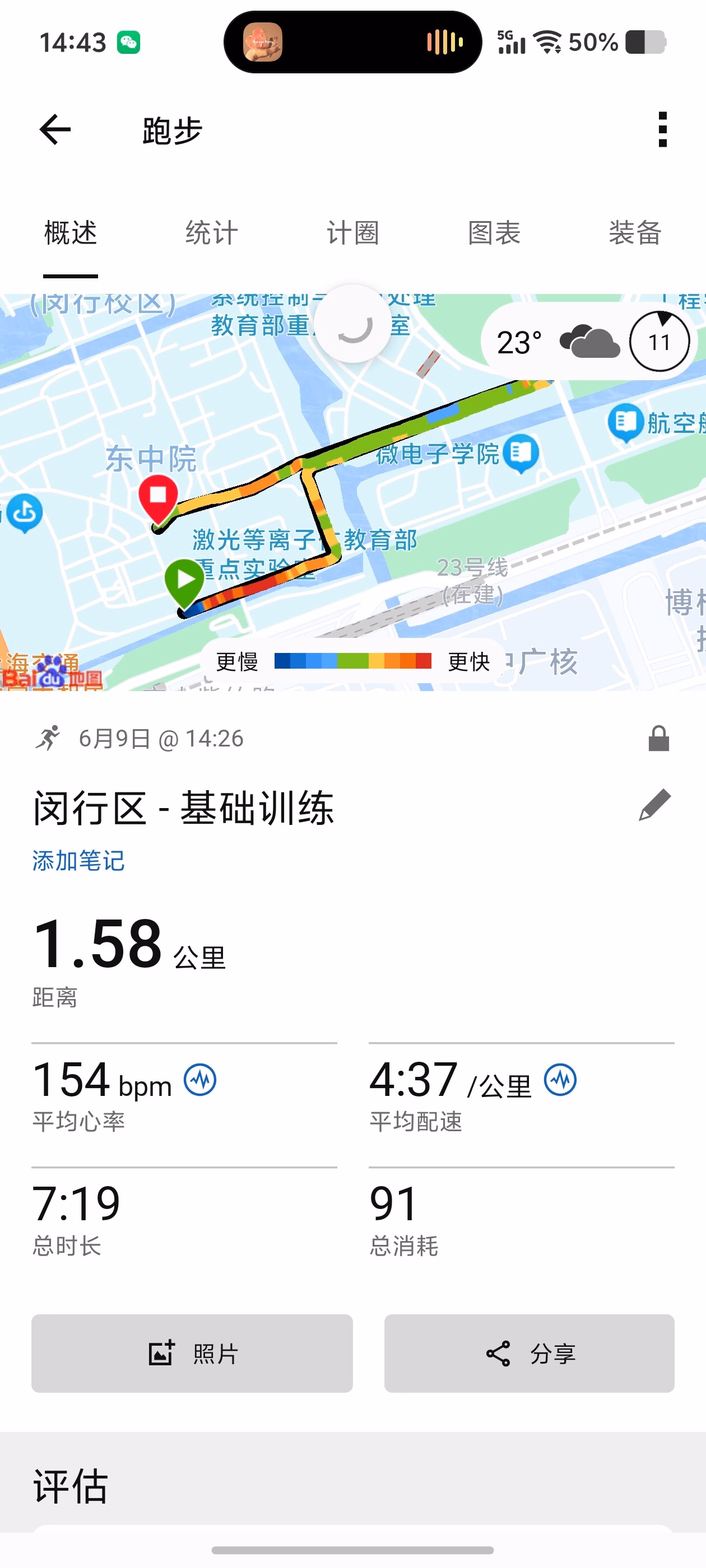 这张图片显示了一张跑步应用的屏幕截图,展示了在闵行区进行的跑步路线、距离、平均心率、配速和卡路里消耗等数据。 (由 AI 生成标题)