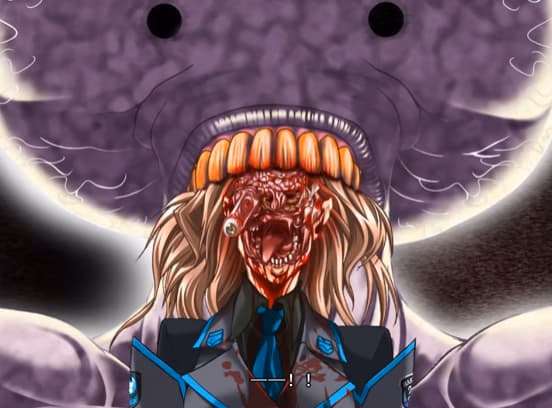 The image depicts an animated character with a monstrous, bloody face and a large, purple, tentacle-like creature in the background.  (Captioned by AI)